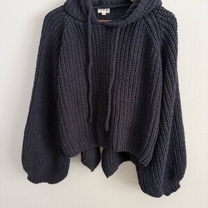 Chunky Knit Cropped Hoodie Sweater Cozy Boho POL Charcoal